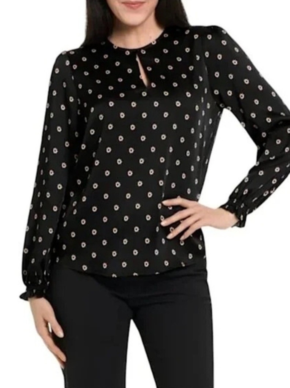 Ted Baker Black Floral Daisy Keyhole Detail Long Sleeve Blouse.